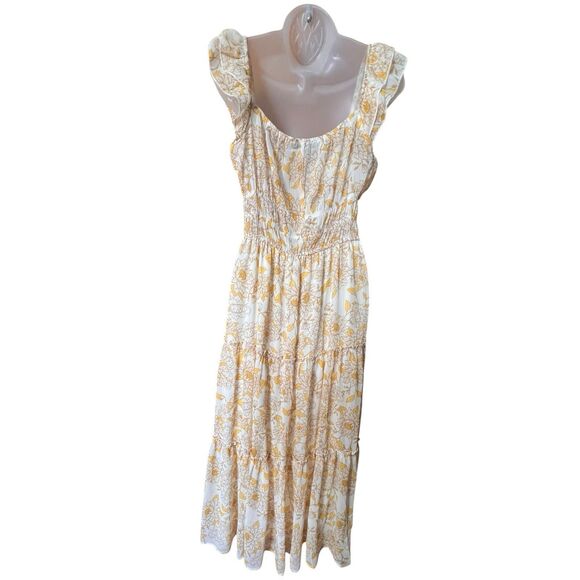 Trixxie Yellow Floral Ruffled Maxi Dress Sz L Milkmaid Boho Cottagecore Prairie - Picture 14 of 14